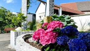 Un jardín con flores rosas y azules, un objeto esférico blanco y un banco de madera.