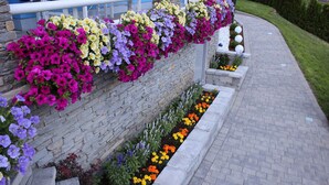 Un muro de piedra con jardineras colgantes repletas de diversas flores.