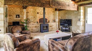 A rustic stone interior with a fireplace, leather sofas, and a television. - Beautiful home in St Amand de Coly (St Amand de Coly)