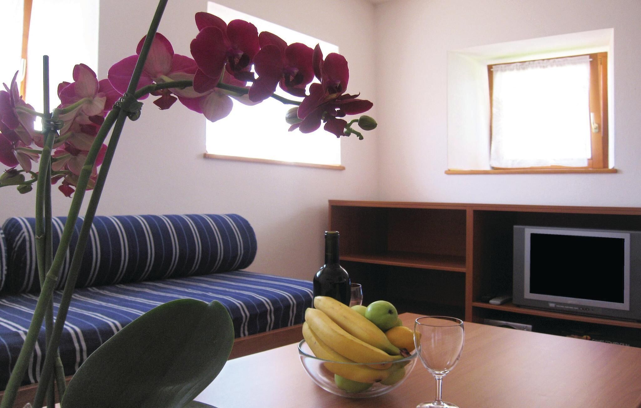 Ein Wohnzimmer mit einer Couch, einem Fernseher, einem Tisch mit Obstschale und einer Weinflasche, sowie einem Fenster mit Vorhängen.
