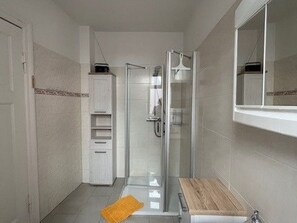 Shower, hair dryer, towels