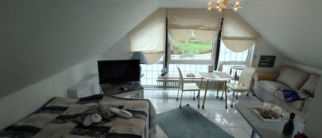 Un dormitorio con cama, televisor, escritorio, silla, sofá y vistas al exterior.