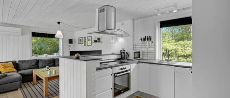 Fridge, stovetop, dishwasher, coffee/tea maker