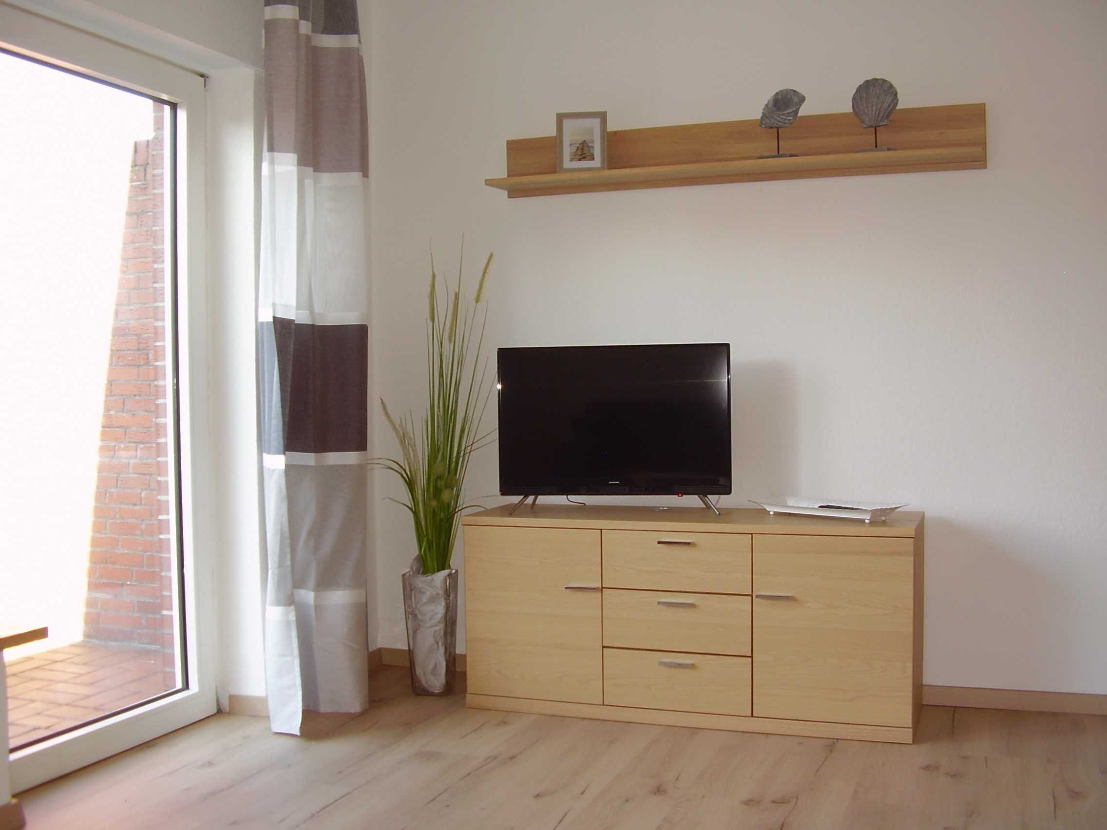 A room with a TV on a wooden cabinet, a potted plant, and a shelf with decorative items.