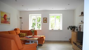 A living room with an orange sofa, a wooden TV stand, and two windows with natural light.