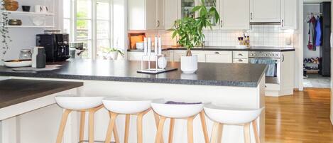 Fridge, stovetop, dishwasher, coffee/tea maker