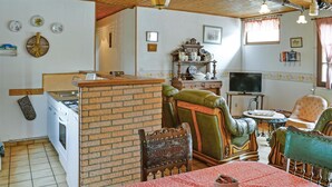 A cozy living room with a brick partition, a television, a dining table with chairs, and a fireplace.