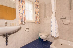 Hair dryer, towels, soap, toilet paper