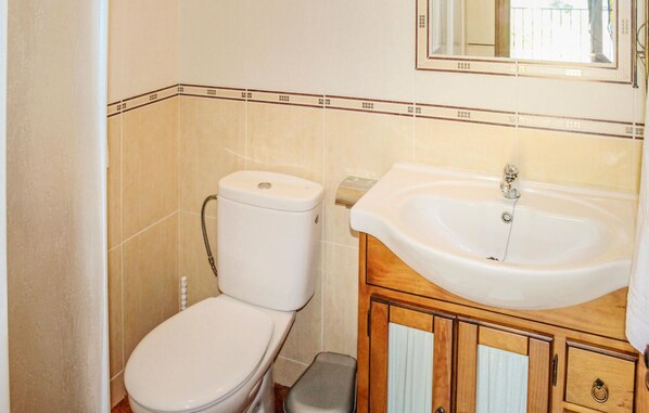 A bathroom with a toilet, sink, and wooden cabinet.