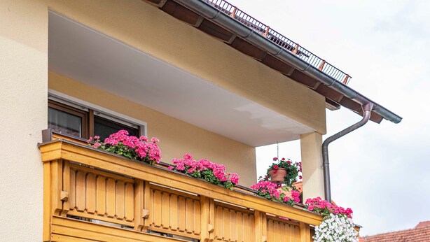 A balcony with wooden railings and flower boxes containing pink and white flowers.
