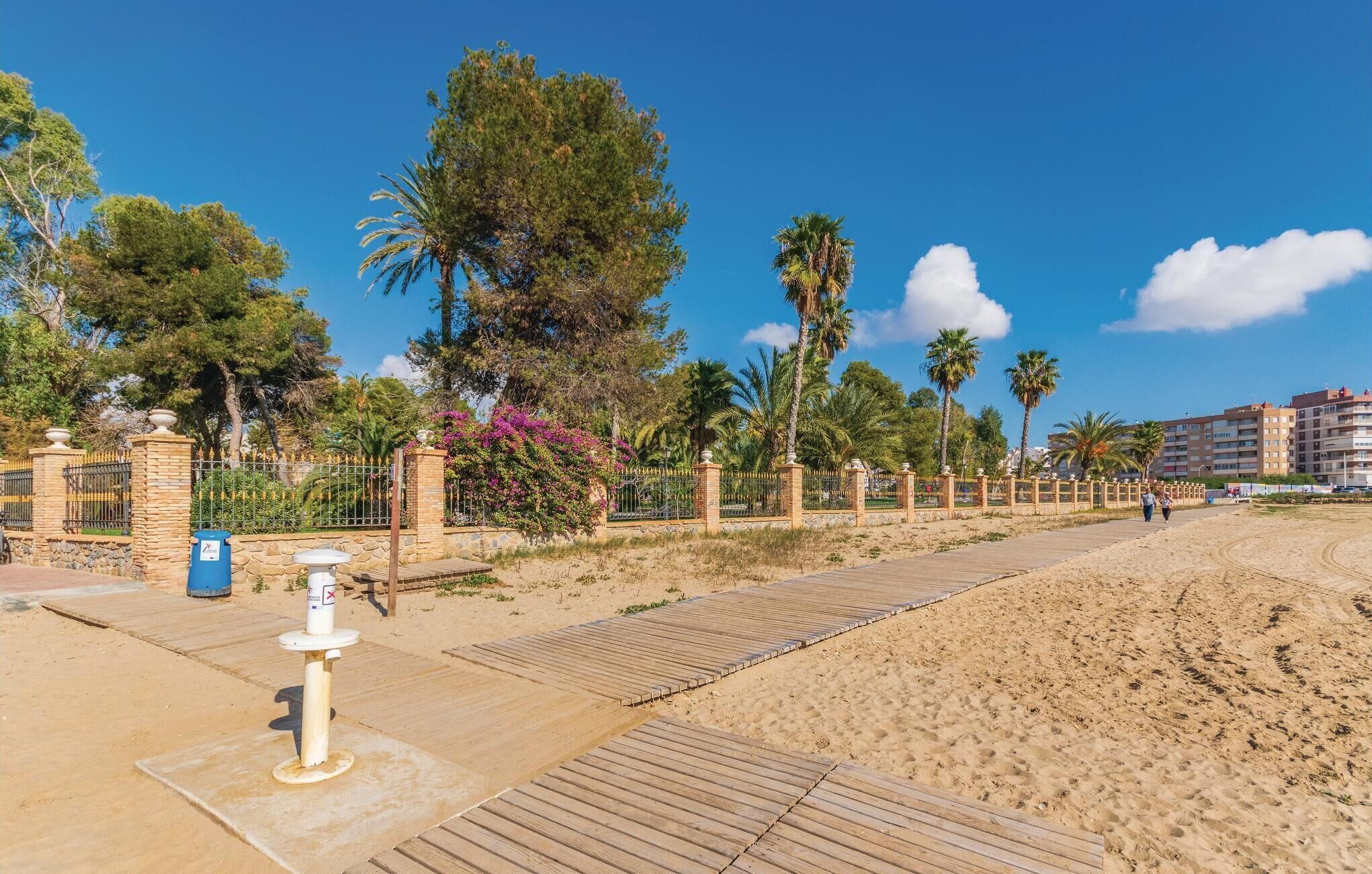 Un paseo marítimo frente a la playa con un muelle de madera, palmeras y una valla de piedra.