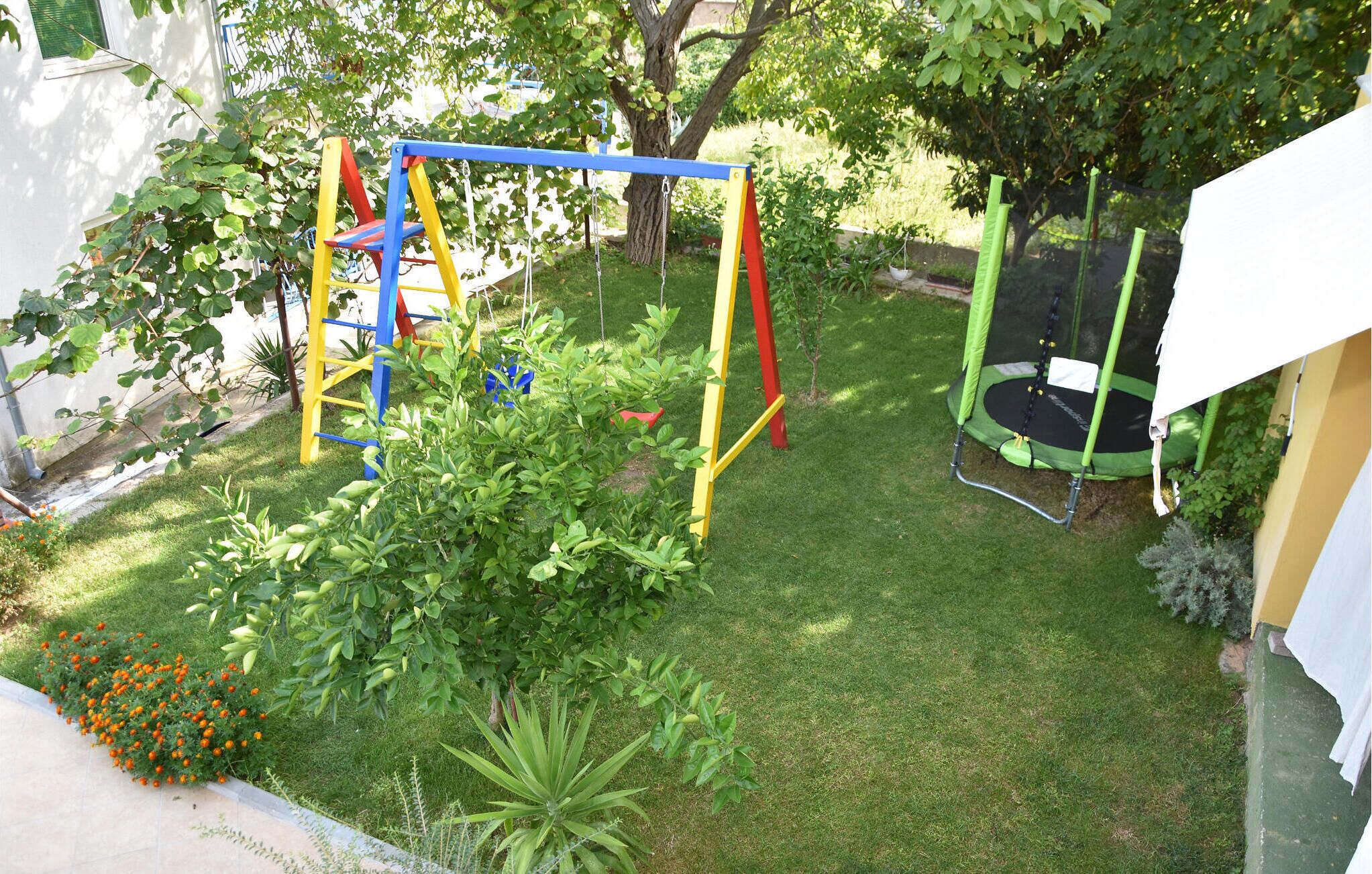 A backyard with a swing set, trampoline, and various plants.