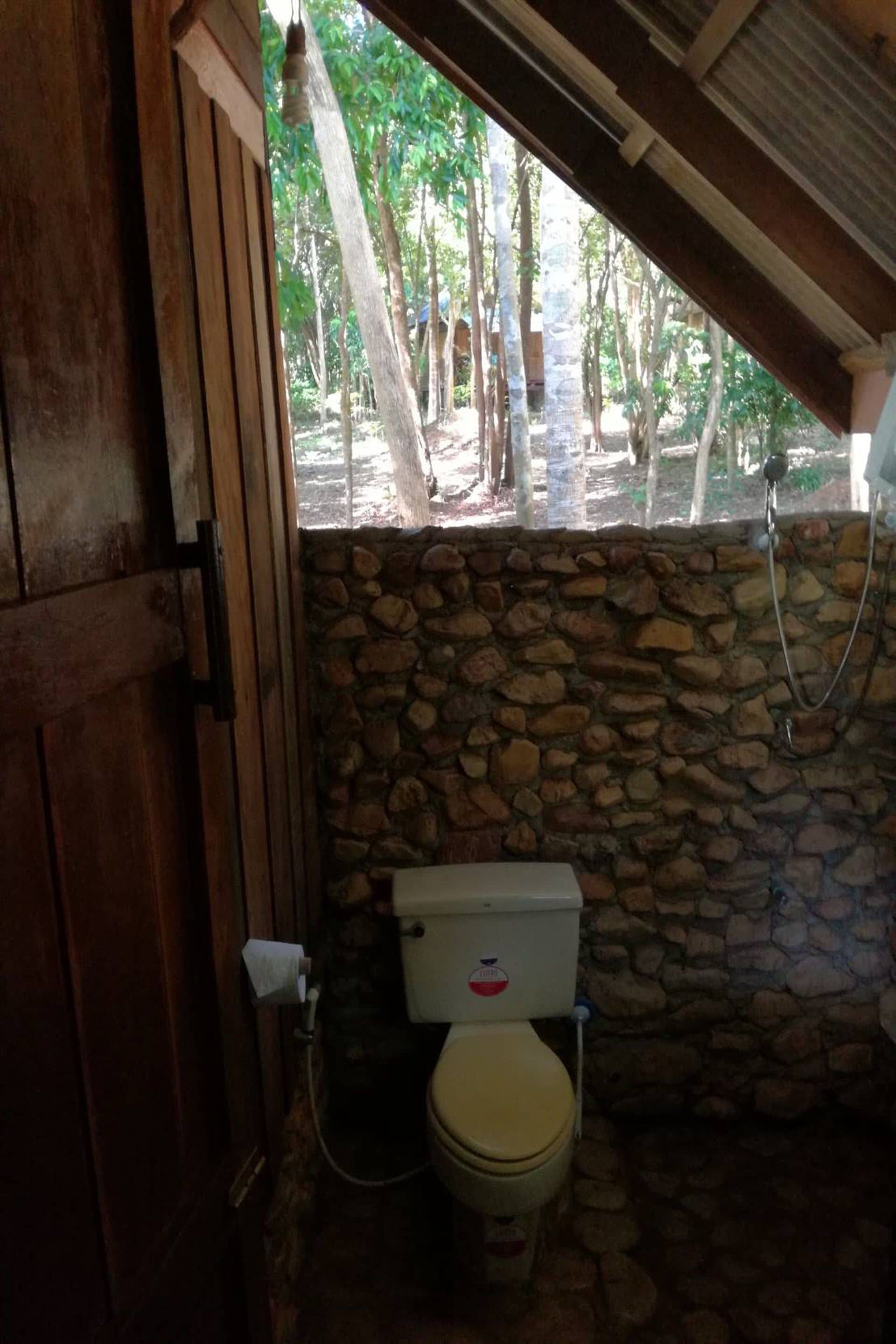 A rustic bathroom with a stone wall, wooden door, and a toilet.