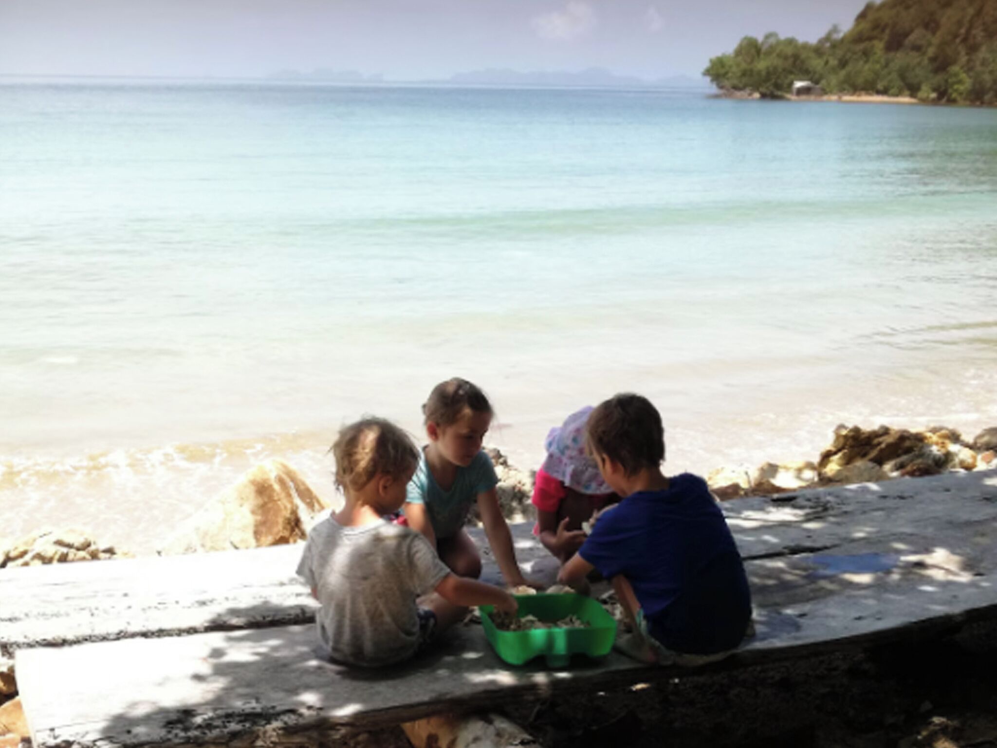 Three children playing near a beach with a calm sea and rocky shoreline.