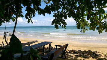 On the beach, sun-loungers, snorkelling, beach bar