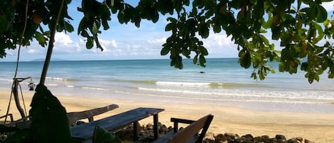 On the beach, sun loungers, snorkeling, beach bar