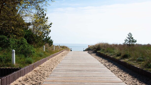 A wooden boardwalk leading to a beach, surrounded by vegetation and a clear sky. - 207 - Hotel Dunenschloss (Karlshagen)