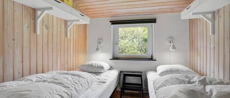 Ein Zimmer mit zwei Einzelbetten, Holzwänden, einem Fenster mit Blick auf Grünflächen und Wandlampen.