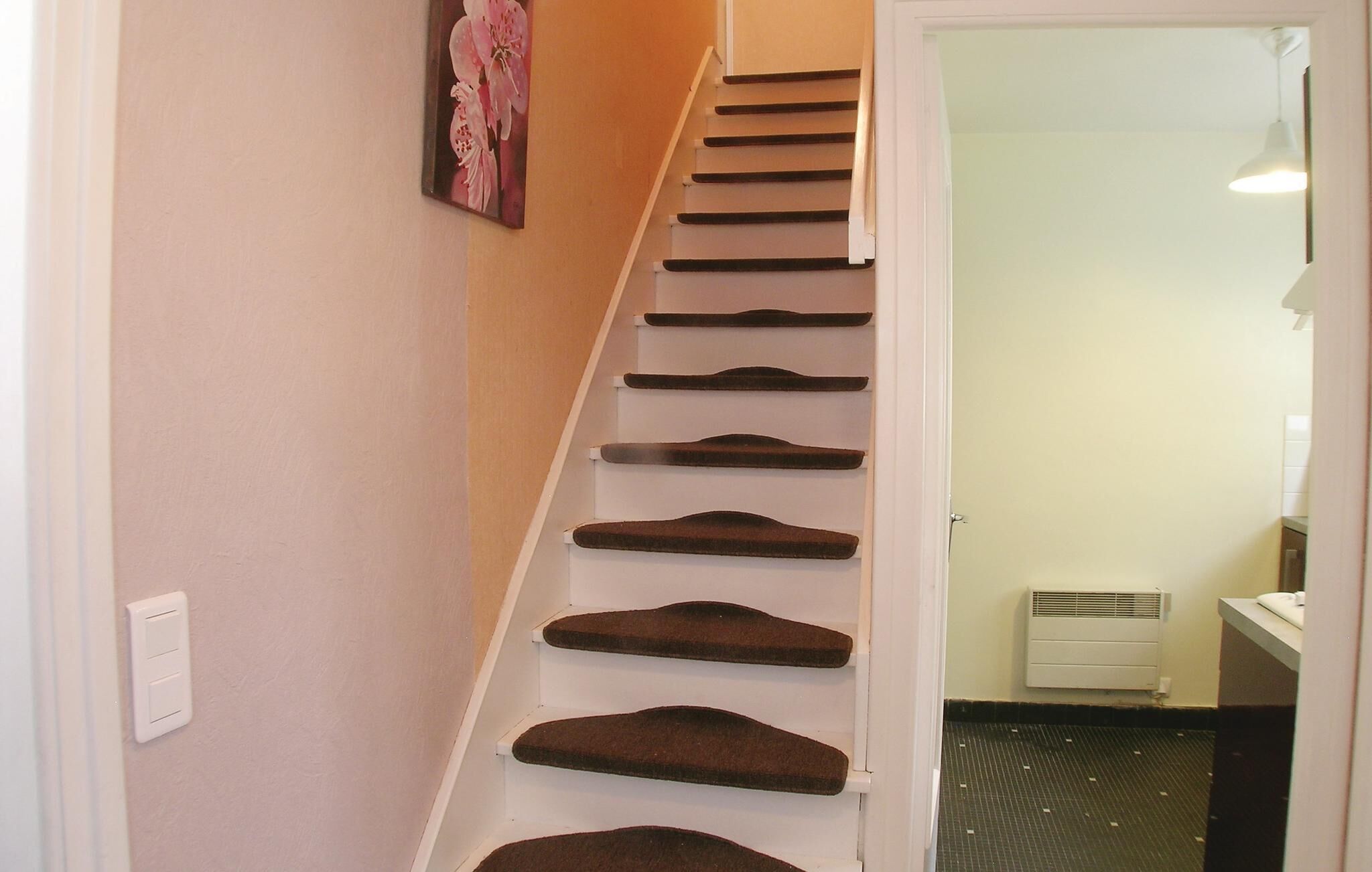 Una escalera con peldaños alfombrados que conduce a una puerta.