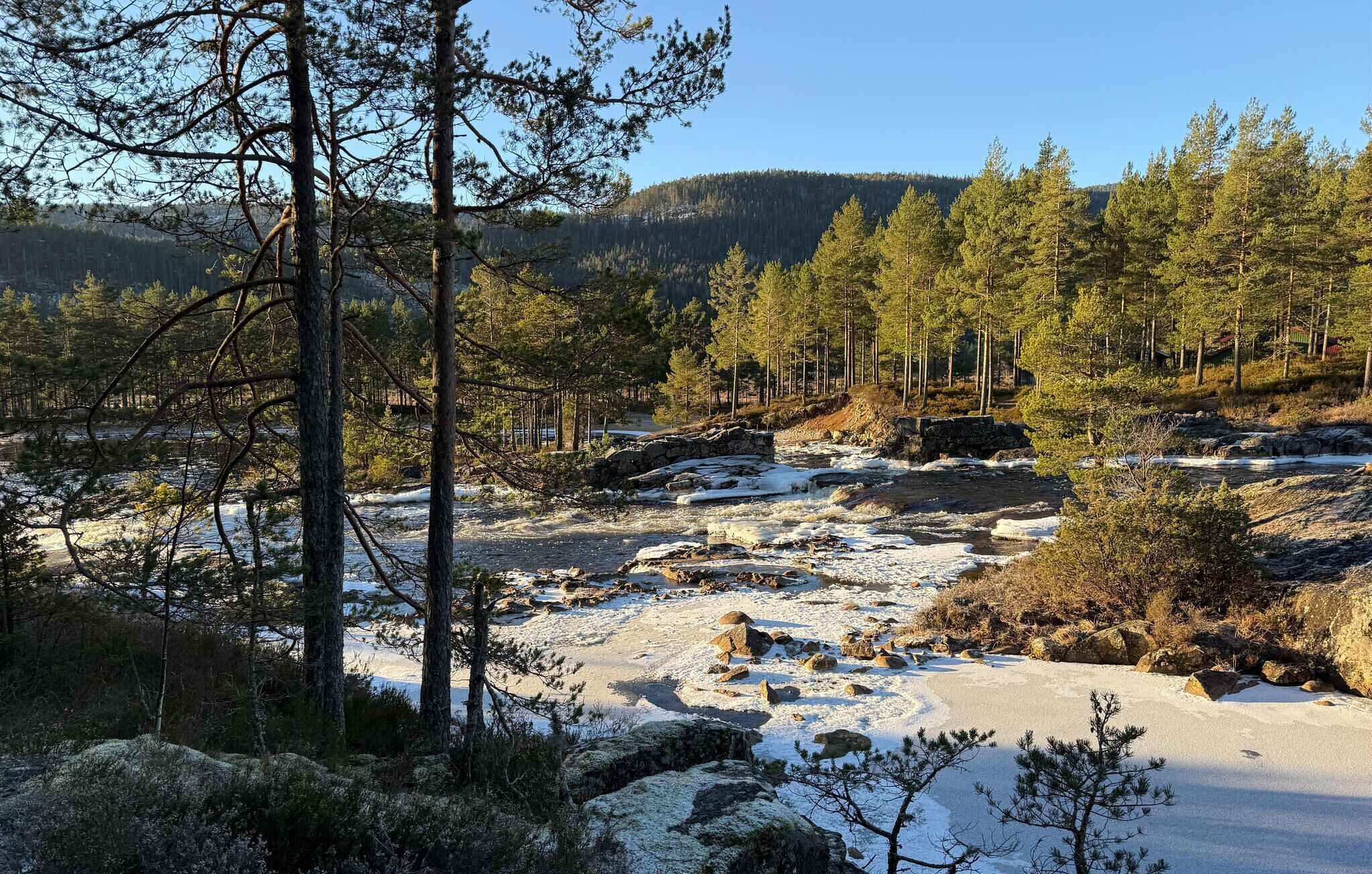 A natural landscape with a river, snow-covered ground, and dense forest.