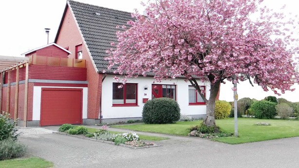 Une maison à deux étages avec un garage rouge, un arbre à fleurs roses devant et une pelouse bien entretenue.