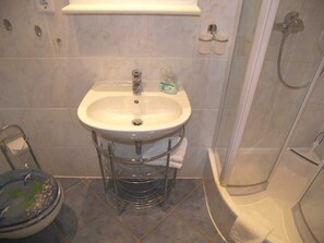 Douche, sèche-cheveux, serviettes fournies, savon