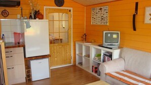 Ein kompakter Wohnbereich mit Küchenzeile, kleinem Kühlschrank, Fernseher und einer Schlafcouch.