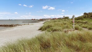 A coastal beach with a sandy shore, grassy dunes, and a lighthouse in the background. - 3 bedroom beautiful home in Sæby (Sæby)