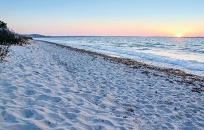 A beach with sand and seaweed, a sunset in the background, and a clear sky.