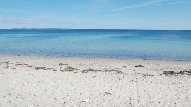 Une plage à l’eau d’un bleu limpide et au rivage sablonneux.