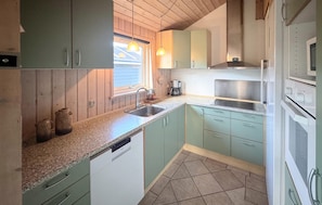 Fridge, stovetop, dishwasher, coffee/tea maker