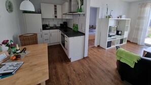 A compact living space with a kitchenette, dining area, and a small seating area. - Earth - house four elements holiday home with four apartments (Zinnowitz)