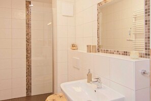Ducha, secador de pelo, toallas y papel higiénico