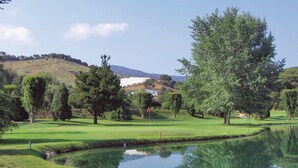 Un campo da golf con uno stagno, alberi e una collina sullo sfondo.
