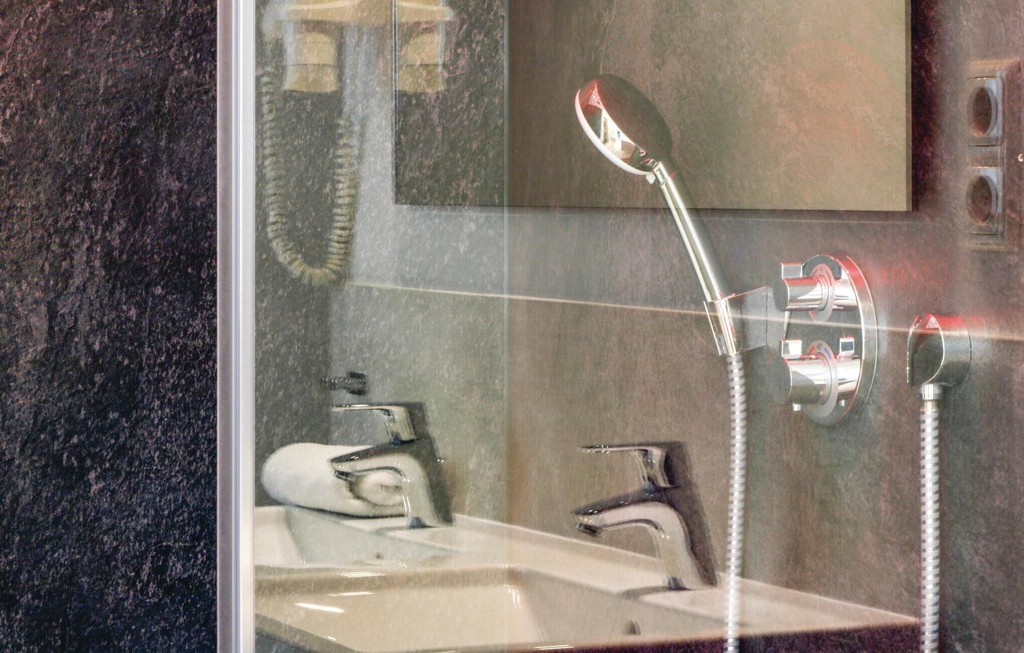 A bathroom with a sink, mirror, and shower head.