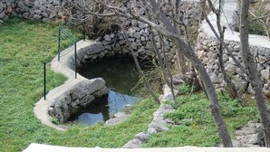Eine Steinkonstruktion überspannt einen kleinen Teich, umgeben von Pflanzen und einer Steinmauer.