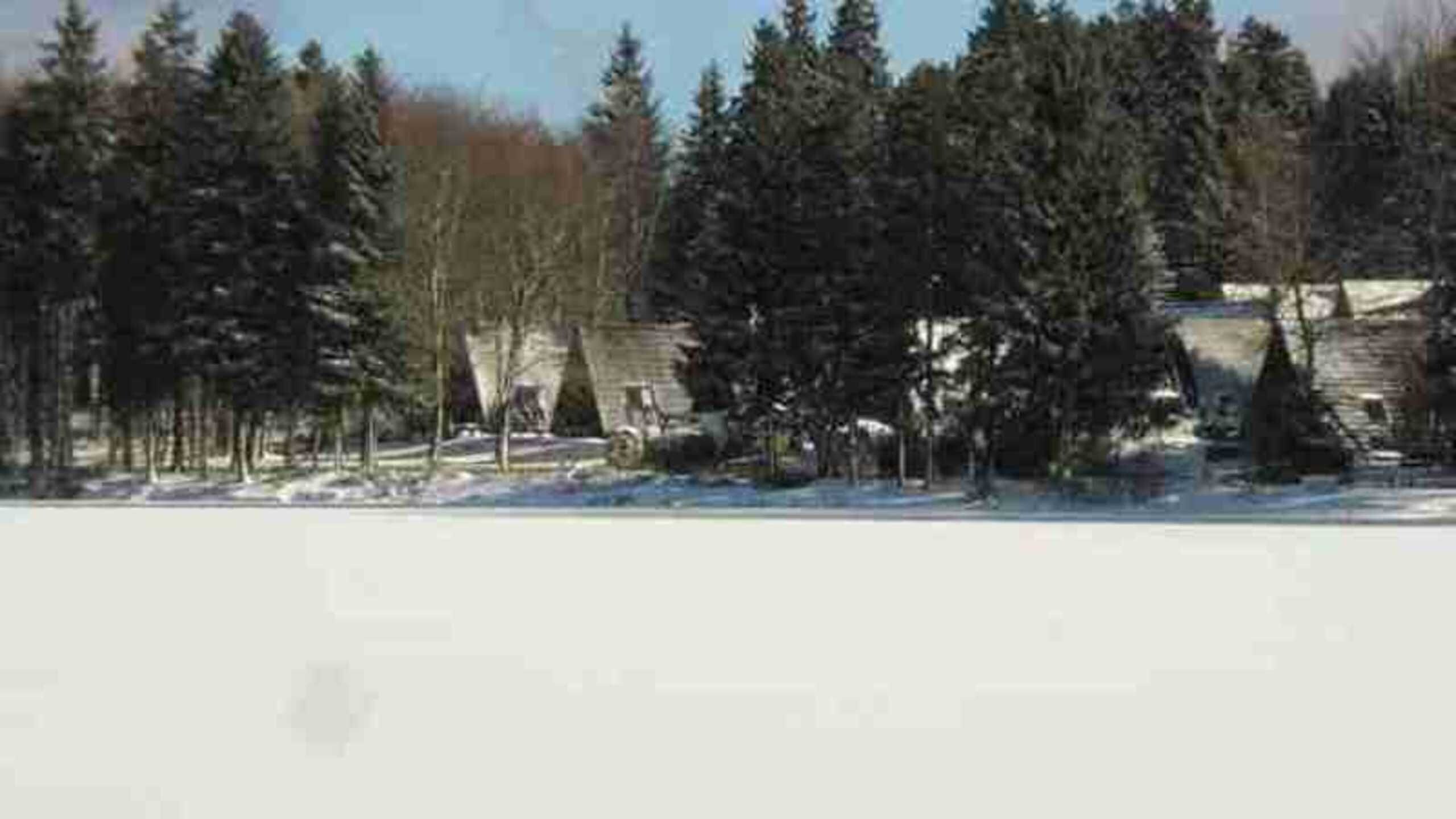 A snowy landscape with a row of cabins and a clear sky.