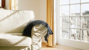 A living room with a white sofa, a framed picture on the wall, and a large window with curtains. - Remise Whg. 13 - Villa Bellevue (Heringsdorf)