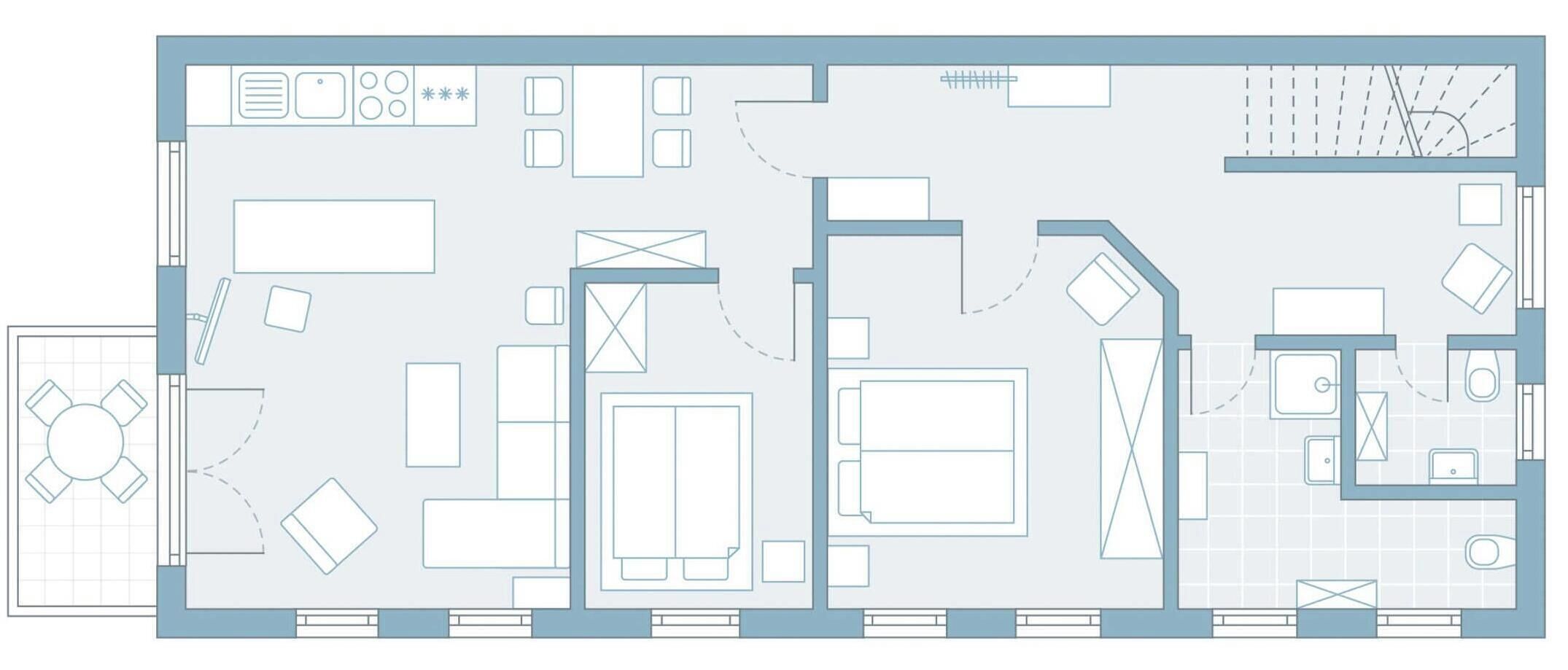 Planta baixa de um hotel, com área de jantar, vários quartos, banheiro e cozinha.