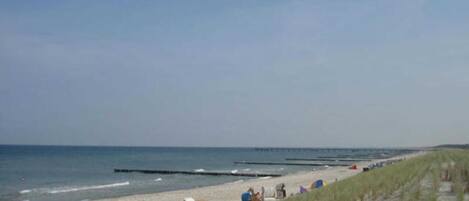 Ein Strand mit sandigem Ufer, einer Holzsteganlage und einer grasbewachsenen Düne.