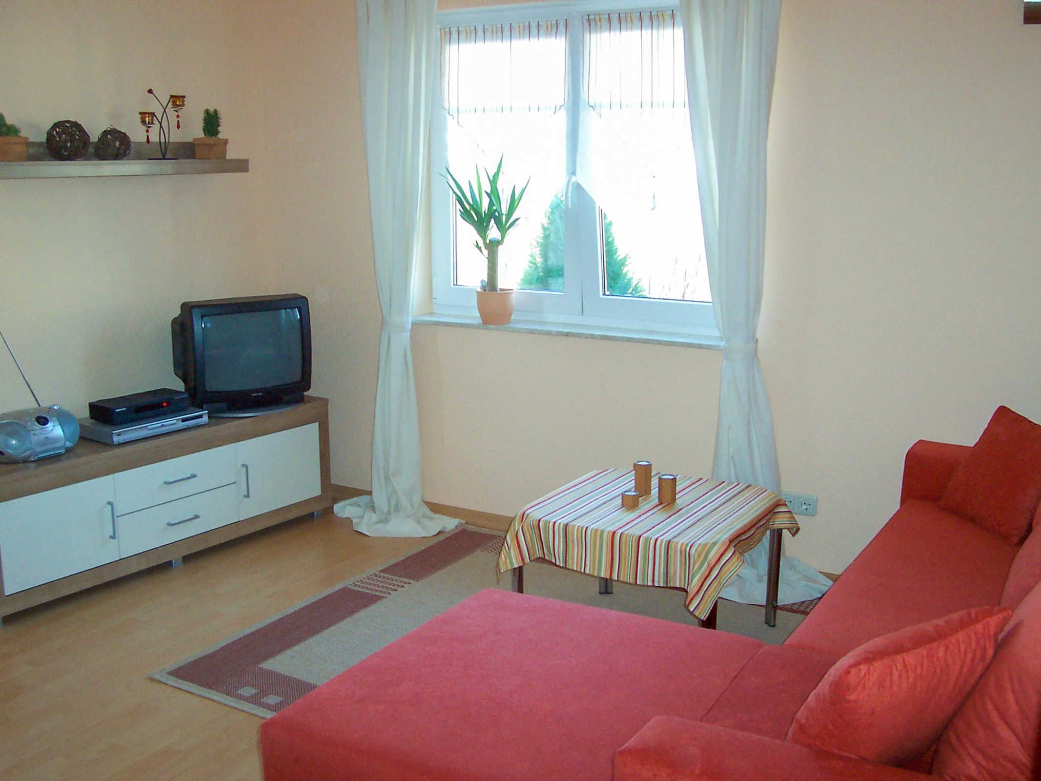 Uma sala de estar com sofá, televisão, mesa pequena, janela com planta e estante com objetos decorativos.