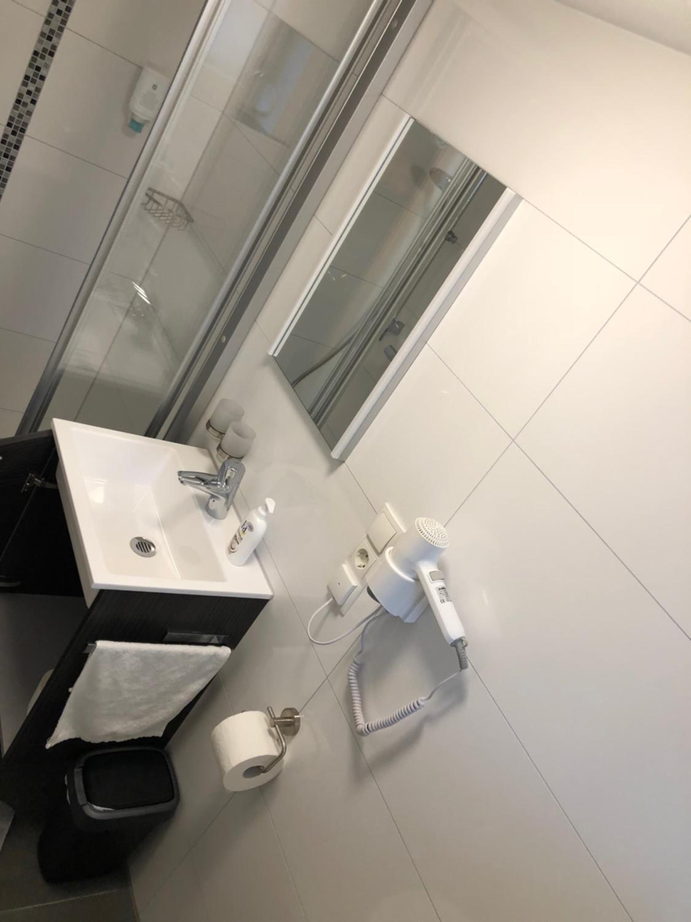 Ein modernes Badezimmer mit Duschkabine aus Glas, einem weißen Waschbecken inklusive Spiegel, einem Handtuchhalter und einem an der Wand befestigten Föhn.