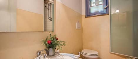 A bathroom with a sink, toilet, and shower.