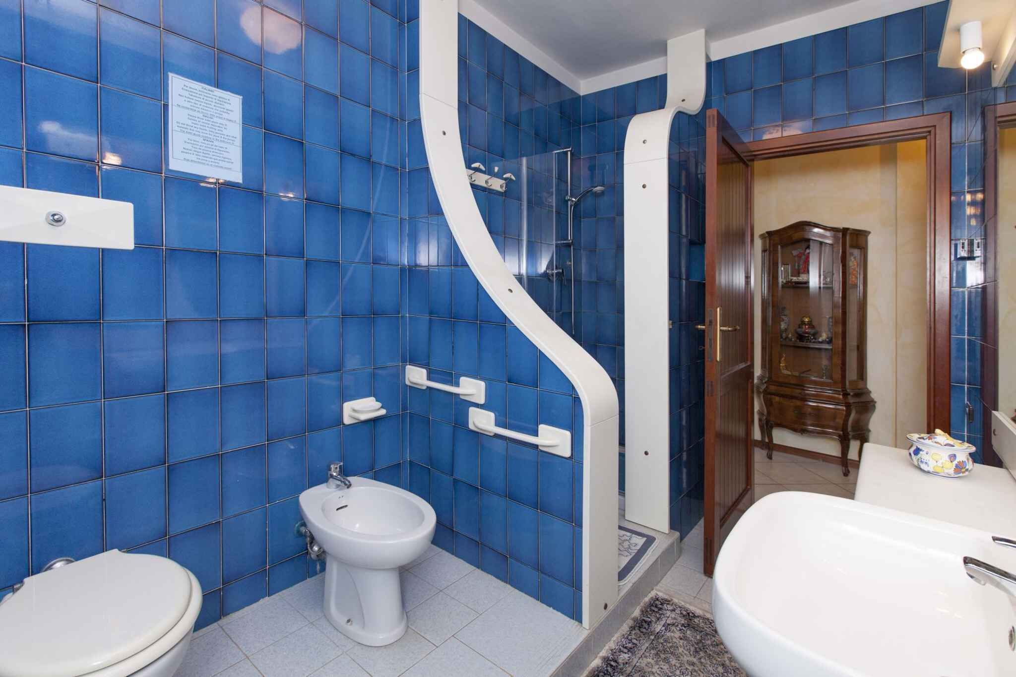 Un baño con paredes de azulejos azules, un inodoro blanco, un bidé, un box de ducha y un armario de madera.