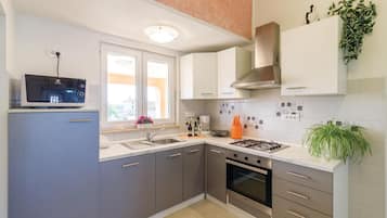 Fridge, stovetop, dishwasher, coffee/tea maker