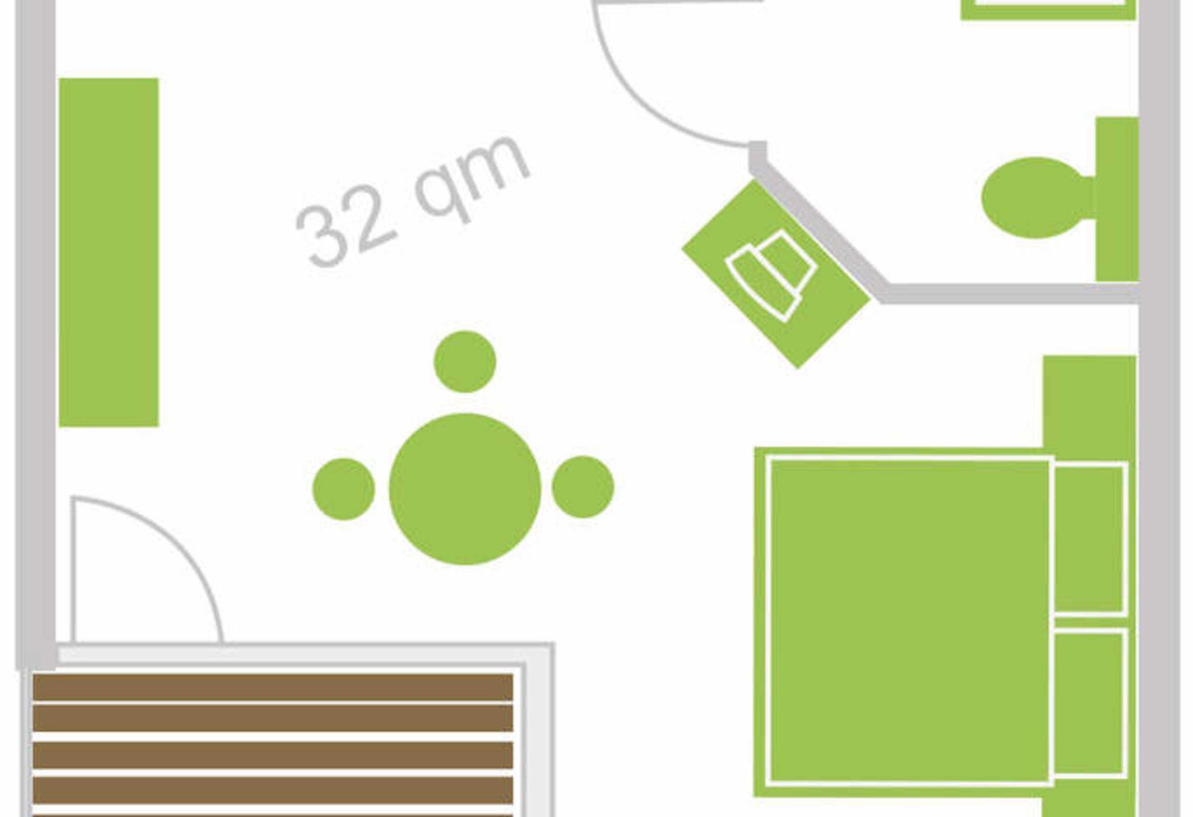 A room layout with a bed, a desk, and a window.