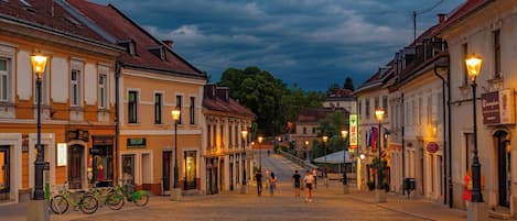 A cobblestone street lined with historic buildings, a bicycle, and pedestrians.