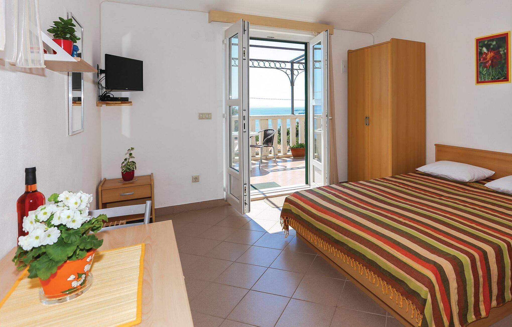 Habitación de hotel con cama, televisión, escritorio con planta, balcón con silla y armario de madera.