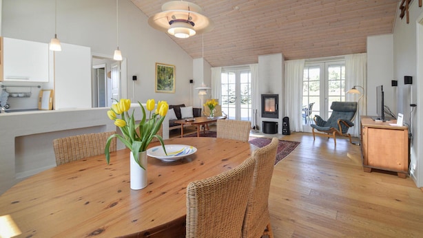 A spacious living room with a wooden dining table, wicker chairs, a fireplace, and a large window.