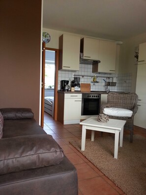 Un espace de vie compact comprenant un coin cuisine, un canapé marron, une table basse blanche et une chaise en osier.